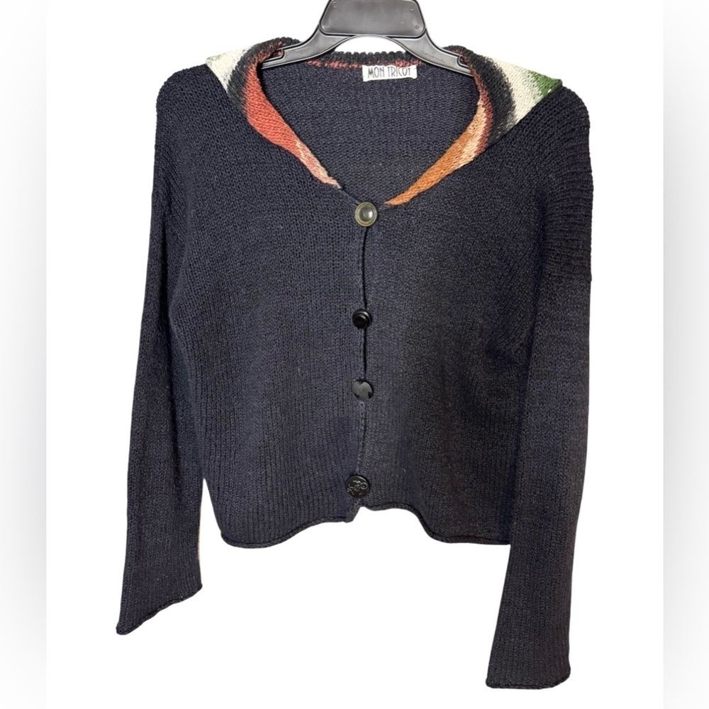 Vintage Mon Tricot Women’s Black Sweater Shawl Collar Alternating Button Sz M